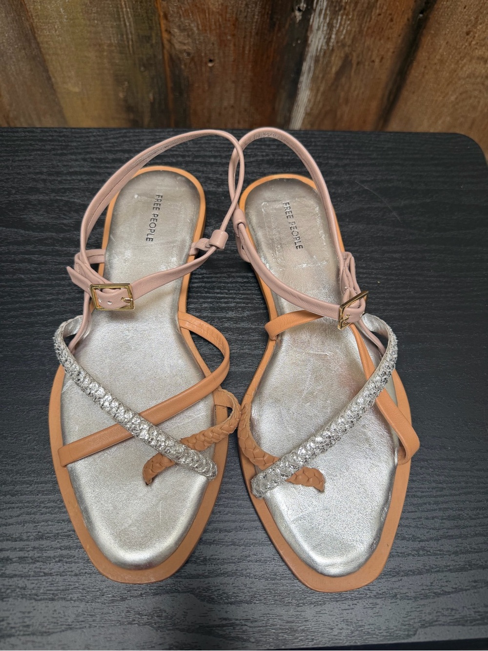 Free People Sunny Day Pink and Tan Braided Crystal Strappy Sandals